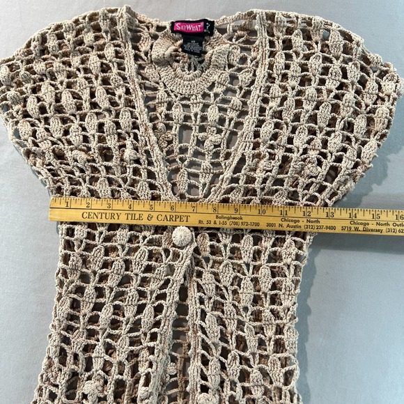 Say What? XS Tan Crochet Knit Open Cardigan Vest Boho Festival Layering Top - Picture 5 of 9
